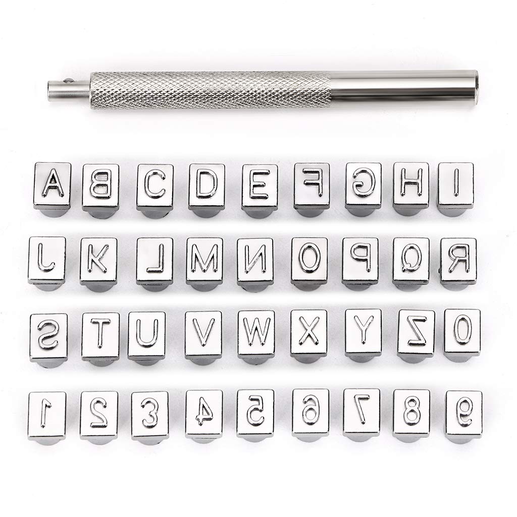 OwnMy Capital Letters and Numbers Stamp Set, 1/4&#x201D; / 6mm Alphabet Stamp Tools Set Leather Craft Stamping Tools Leather Art Craft Tool (6mm - 36pcs)