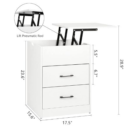 Lift Top Bedside Table/Modern End Table with 2 Drawers for Bedroom Living Room, White