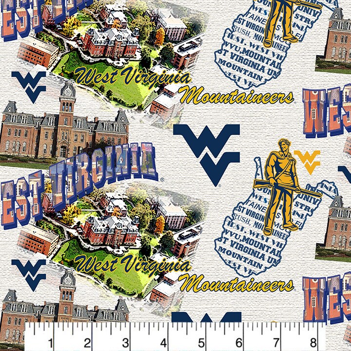 Sykel Enterprises-West Virginia University Cotton Fabric-West Virginia Mountaineers Scenic Map Cotton Quilting Fabric