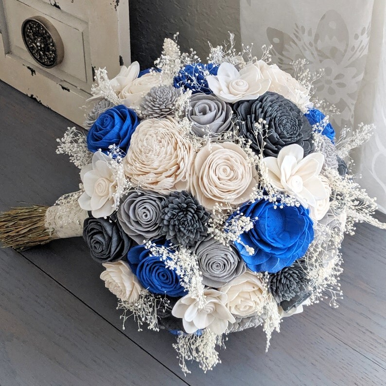 Royal Blue, Light Gray, Charcoal, and Ivory Sola Wood Flower Bouquet with  Baby's Breath - Bridal Bridesmaid Toss