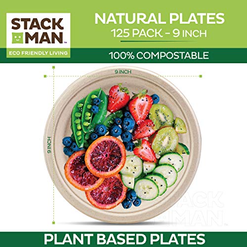 125 Pieces 100% Compostable Paper Plates, Heavy Duty Disposable Plates 9 Inch Plates - Eco-Friendly, Biodegradable Sugarcane Bagasse, Natural Unbleached Brown 9" Dinner Paper Plate Disposable