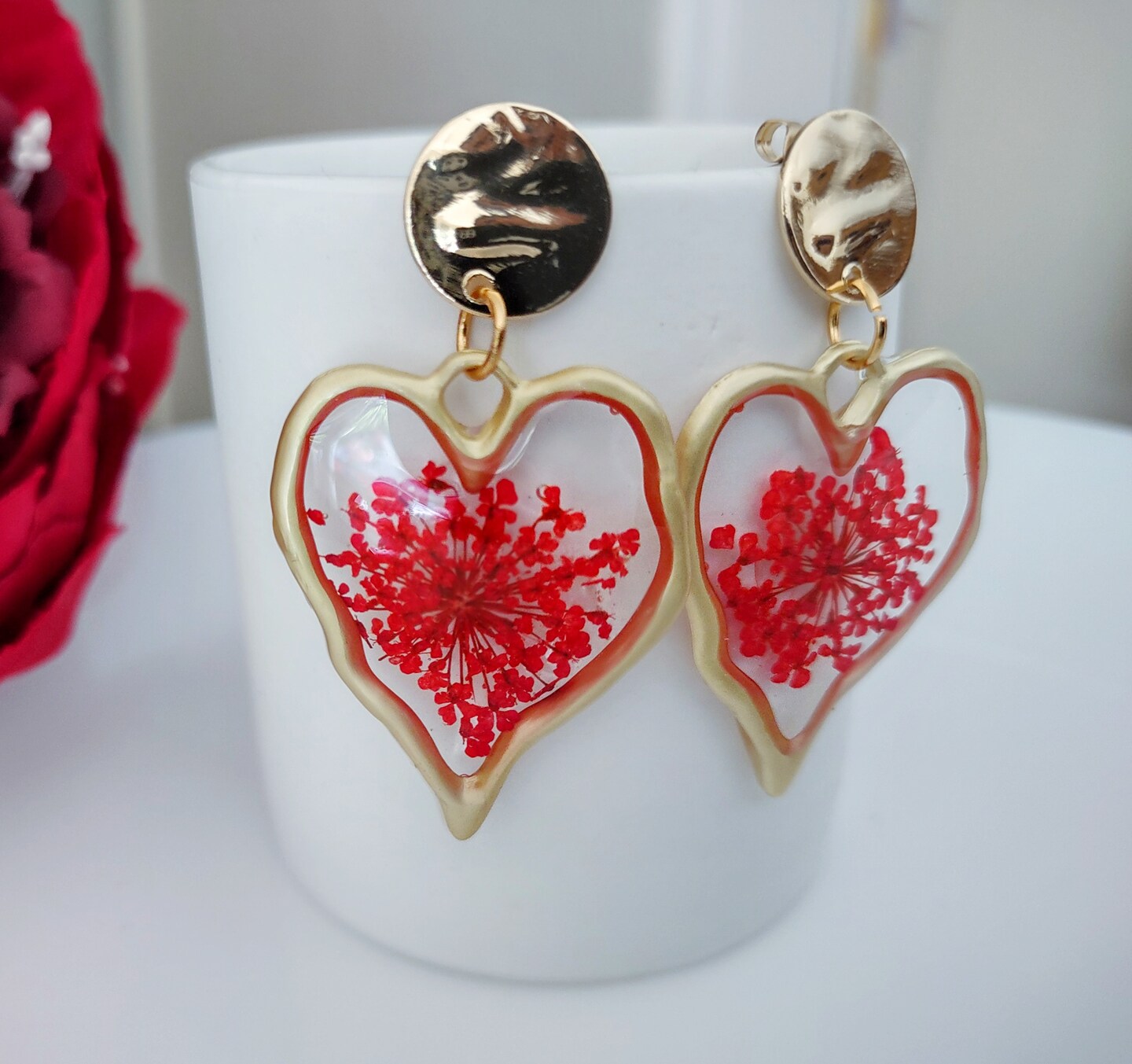 Heart Flower Earrings, Red Heart Earrings