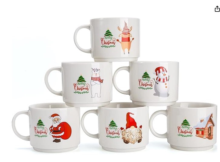 Christmas Ceramic Mug Set of 6 for Hot Chocolate Cocoa-Holiday Coffee Cup Xmas Basket Gifts for Family Friends