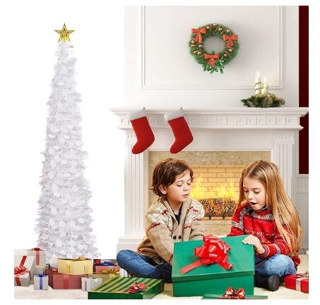 Collapsible Pop-Up White Round Sequin Artificial Christmas Pencil Trees - 5 Ft Tinsel Christmas Tree with 50 LED Warm White Lights Home Apartment Fireplace Party Xmas Decorations