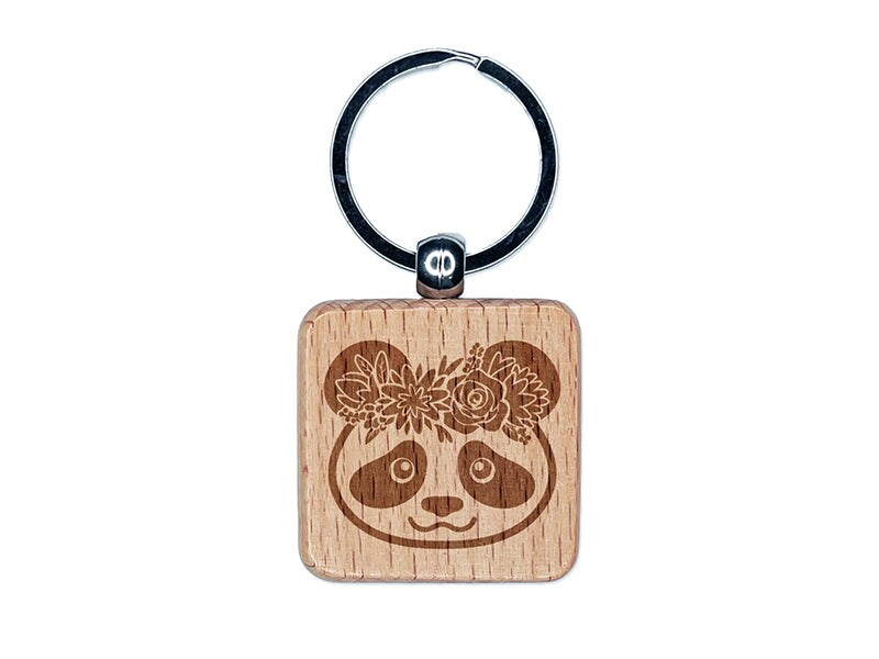Panda Wearing a Flower Crown Engraved Wood Square Keychain Tag Charm