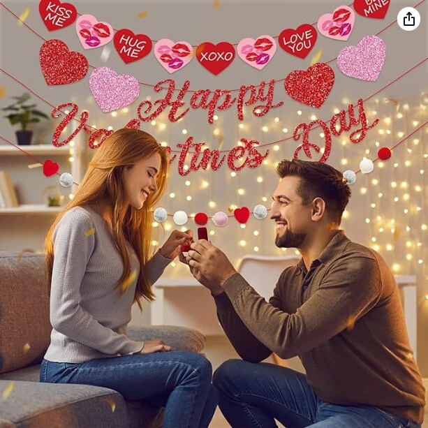 Glitter Happy Valentine&#x27;s Day Banner Hearts Garland Pre Strung Pom Pom, Valentine&#x27;s Day Decorations for Galentines Wedding Anniversary Party Supplies