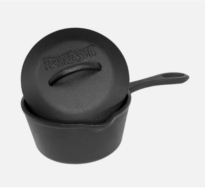 1 quart black cast iron covered sauce pot with self-basting lid