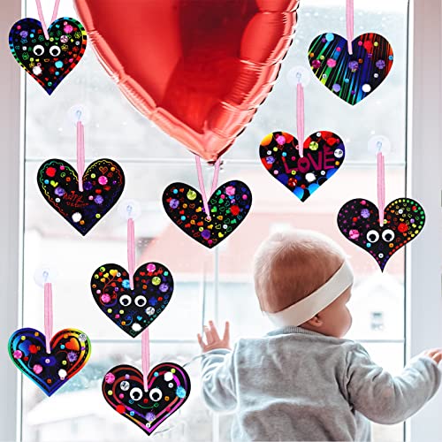 27 Sets Magic Color Scratch Paper Heart Ornaments Bookmarks Valentine Craft Kits Scratch Paper Heart Cutouts Pom-poms Googly Eyes for Kids Activity Art Project Party Favor Valentine Tree Decoration