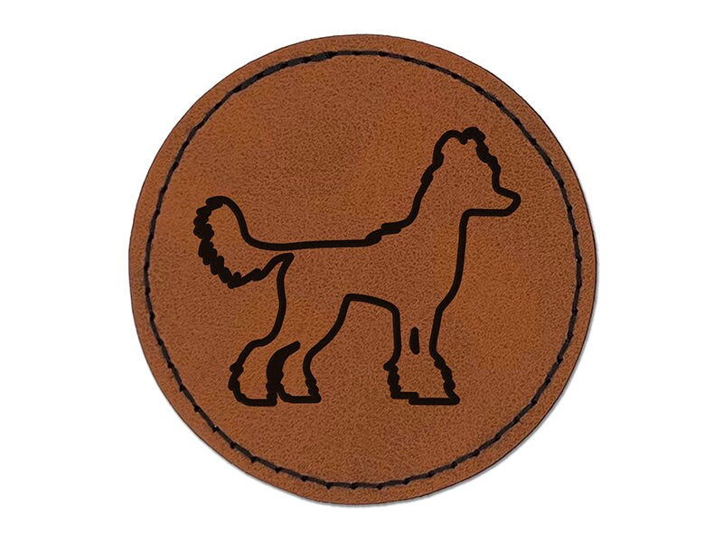 Chinese Crested Dog Outline Round Iron-On Engraved Faux Leather Patch Applique - 2.5&#x22;