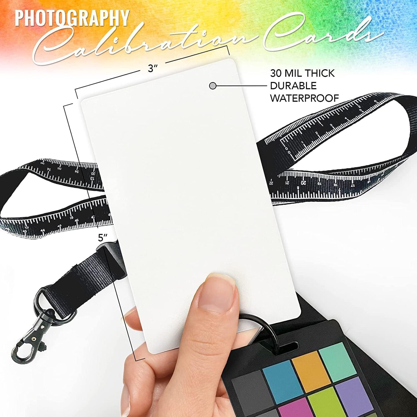 Pixiss Portable Photography Accessories - 12x12 Foldable White Balance Reflector, Grey Reference &#x26; White Balance Card, 4In1 Color Correction Card Set and Measuring Tape Lanyard by Pixiss