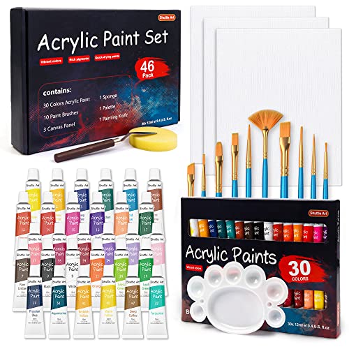 Shuttle Art 46 Pack Acrylic Paint Set, 30 Colors Acrylic Paint with 10 Paint Brushes 3 Painting Canvas 1 Paint Knife Palette Sponge, Complete Gift Set