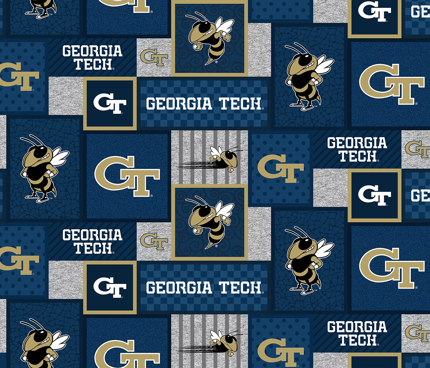 Sykel Enterprises-Georgia Tech Fleece Fabric-Georgia Tech Yellow Jackets College Patch Fleece Blanket Fabric-Sold by the yard