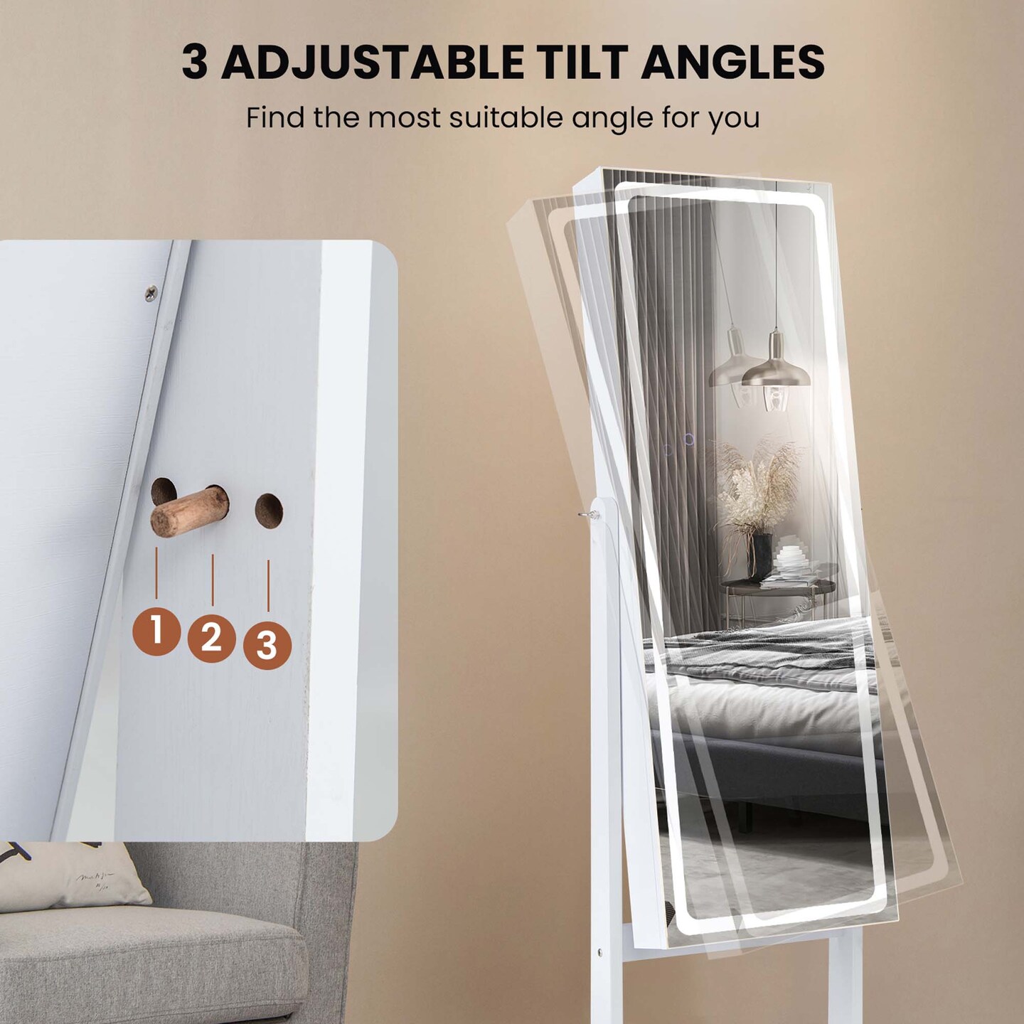 Costway LED Mirror Jewelry Cabinet Organizer Armoire Standing with Built-in 3 Color Light