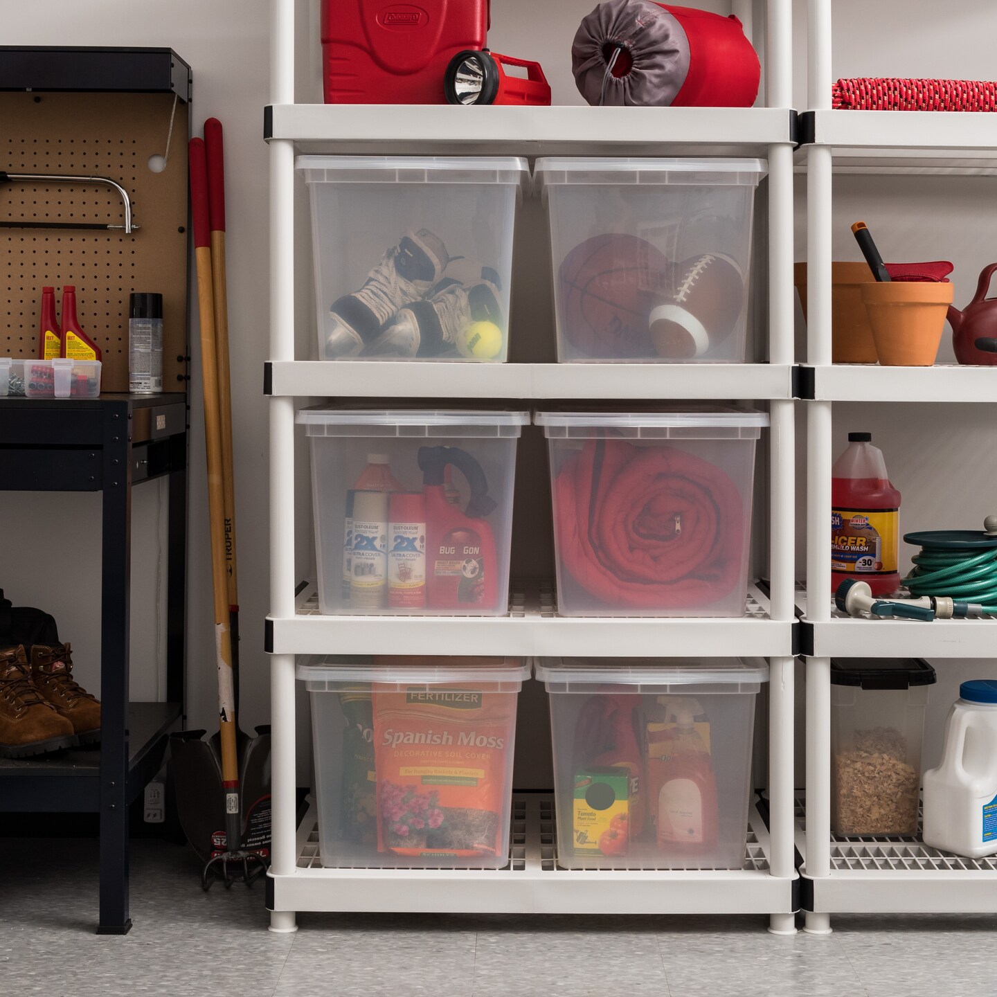 IRIS USA 68 Qt Clear Storage Box, BPA-Free Plastic Stackable Bin with Lid, Containers to Organize Closet Shelves, Clothes, Blankets, Towels, 6 Pack