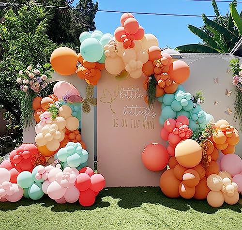 98 Pieces Pastel Balloons Garland Kit Coral Balloons Teal Blue Balloons Champagne and Baby Pink Matte Balloons Gold Metallic Balloons for Baby Shower Rainbow Birthday Weeding Anniversary Decorations