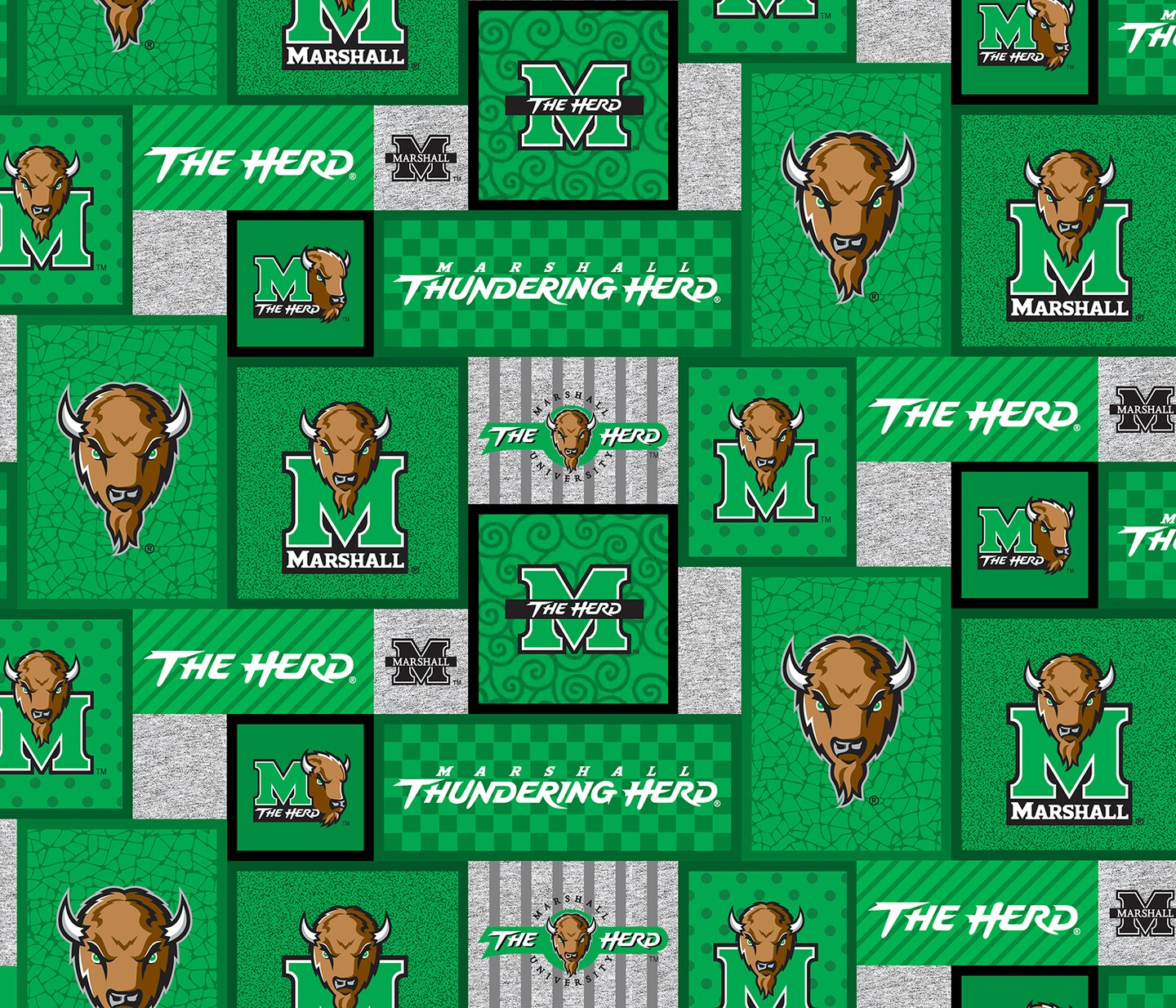 Sykel Enterprises-Marshall University Fleece Fabric-Marshall Thundering Herd College Patch Fleece Blanket Fabric-Sold by the yard