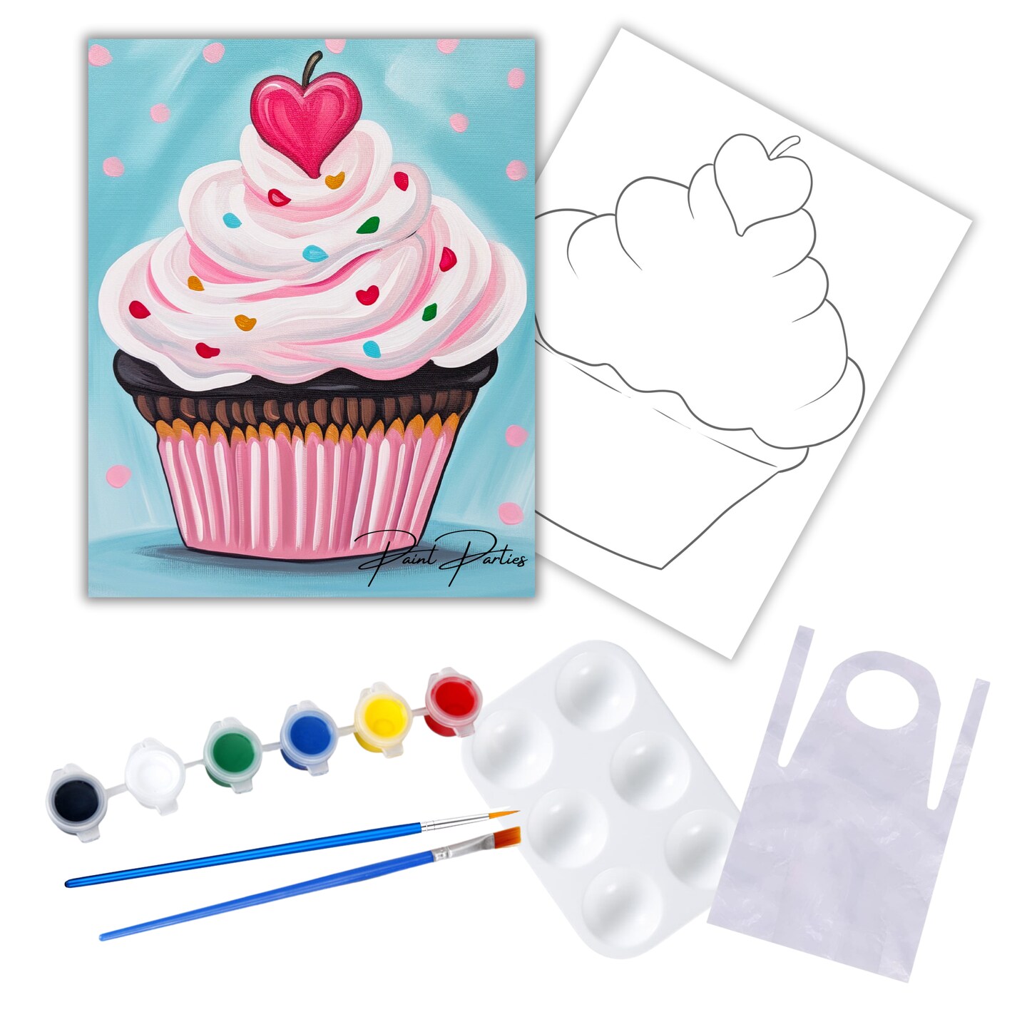 "Heart Cupcake" DIY Canvas Art Kit, Adult Beginner, Acrylic Paint Size 11x14 inch