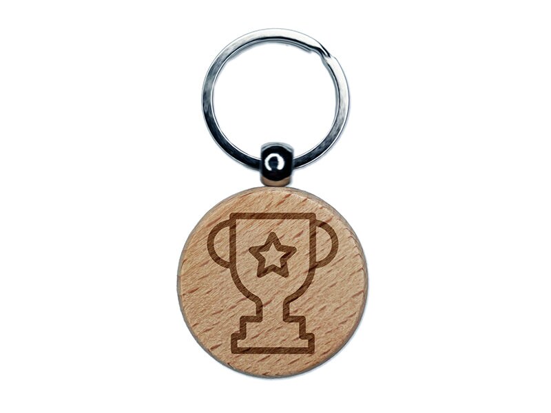 Trophy Award Outline with Star Engraved Wood Round Keychain Tag Charm