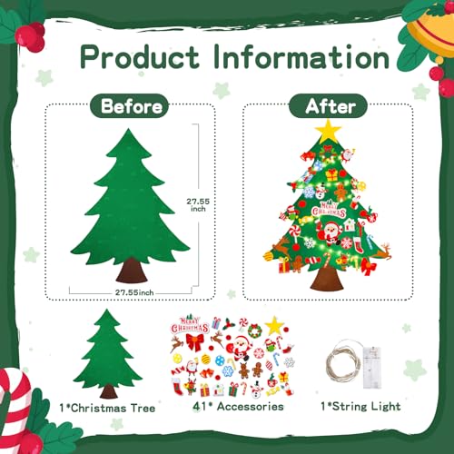 Max Fun DIY Felt Christmas Tree Set 3.2Ft with 41 Ornaments for Kids Toddlers Home Wall Hanging Felt Christmas Craft Kits Xmas Decoration Party Supplies Gifts