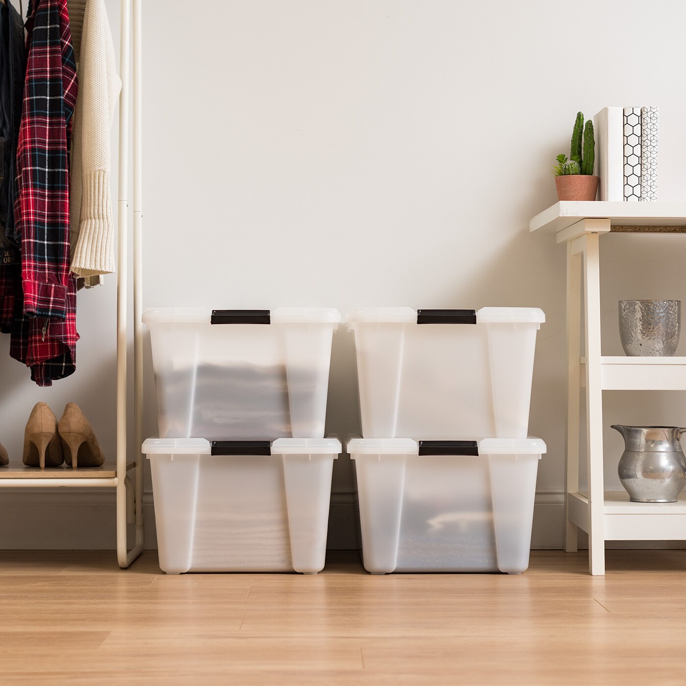 IRIS USA 45 Quart Plastic Storage Container Bin with Latching Lid, Pearl, 4 Pack