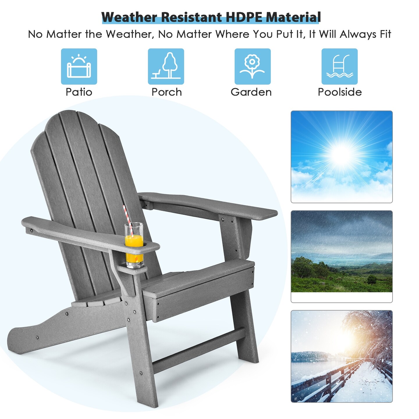 Outdoor Adirondack Chair with Built-in Cup Holder for Backyard and Porch