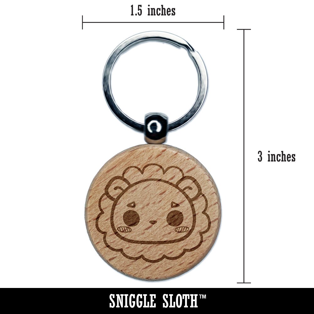 Charming Kawaii Chibi Lion Face Blushing Cheeks Engraved Wood Round Keychain Tag Charm