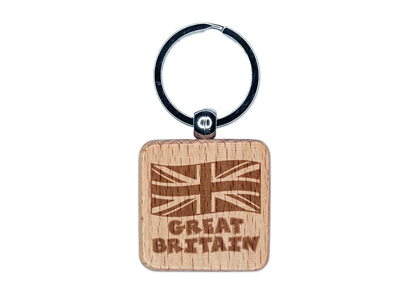 Great Britain with Waving Flag Union Jack Cute Engraved Wood Square Keychain Tag Charm