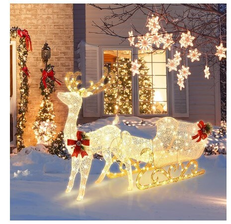 Christmas Lighted Reindeer and Santa&#x27;s Sleigh, Artificial Christmas D&#xE9;cor for Indoor and Outdoor, Christmas Lighted Outdoor Yard Decoration with 215 LED Lights and 4 Ground Stakes