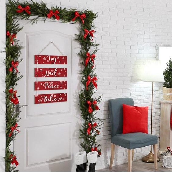 4 Handmade Rustic Christmas Decorations Christmas Vintage Joy Noel Peace Believe Signs Ornaments Wooden Wall Decor Snowflakes Wooden Hanging Plaque (Red, Snowflake) for Living Room Bedroom