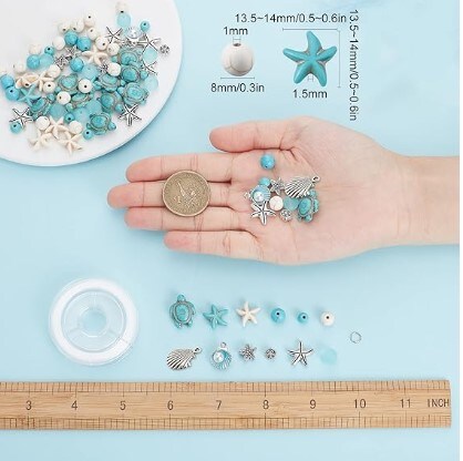 1 Box Summer Ocean Theme 8mm Turquoise Beads Bracelets Shell Charms Bracelet Making Kit Turtle Beads for Jewelry Making Craft Supplies Alloy Starfish Sandal Beads Necklace Anklets