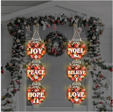 Christmas Hanging Sign Decorations with String Lights Red Black Plaid Front Door Sign Plastic Peace Love Joy Welcome Wreath Sign for Xmas Holiday Party Porch Windows Walls Decor Supplies 6 Pcs