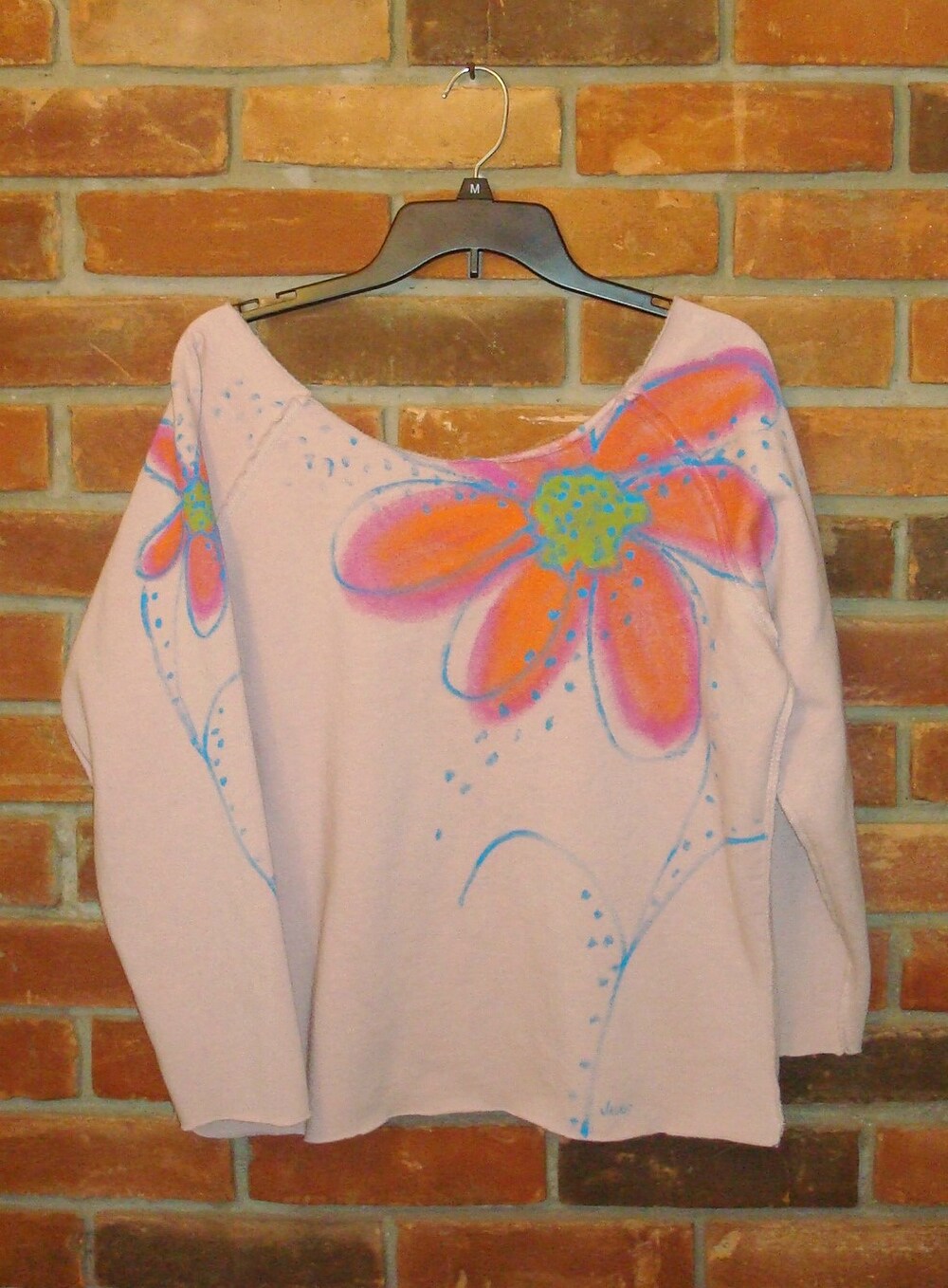 Made to Order Hand Painted Abstract Flower Exposed Seam Raw Edge Off the  Shoulder Raglan Sleeve Sweatshirt Wearable Art