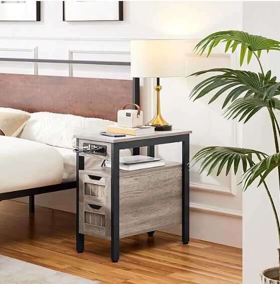 2PCS Narrow Nightstand with Charging Station for Bedroom/Small Space, Gray, Wood Bedside Table with 2 Drawers and Open Shelf, Metal Frame Bedside Cupboard Storage Cabinet with 2 USB Ports for Bedroom/Small Space