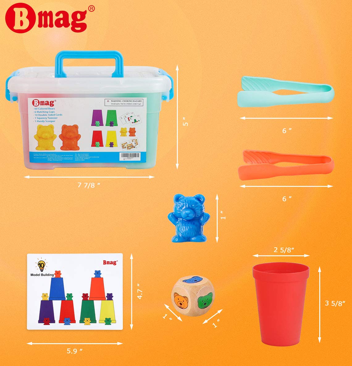 Bmag Counting Bears with Matching Sorting Cups,Pre-School Math Learning Games with 2 Dices,Color Recognition STEM Educational Toy for Toddler Bonus Tweezers, Storage Box, Activity Cards