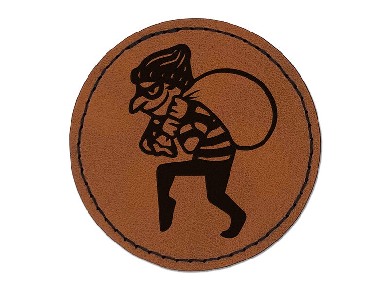 Sneaky Thief Robber with Sack Round Iron-On Engraved Faux Leather Patch Applique - 2.5&#x22;