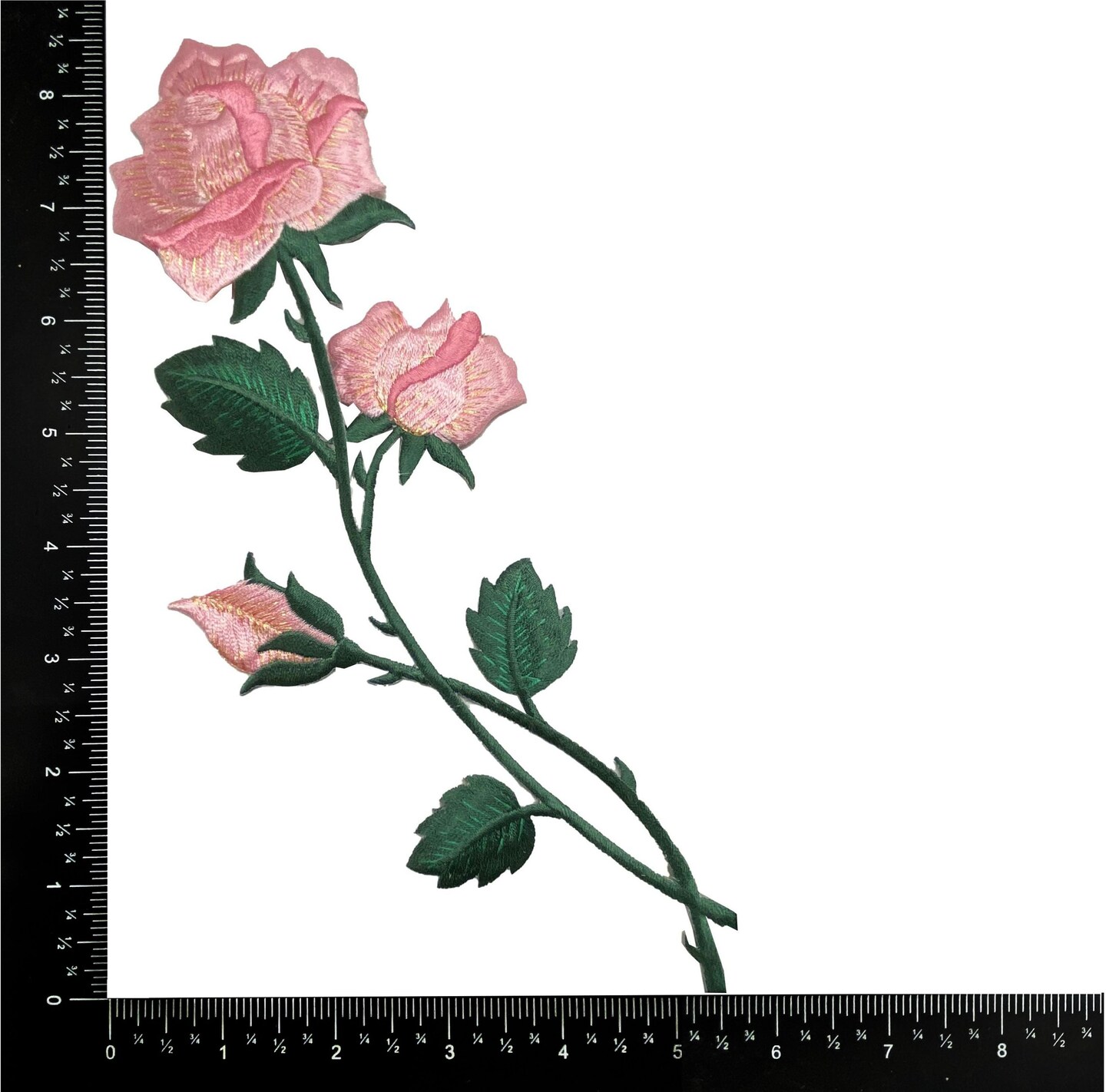 10&#x22; Pink Rose, Gold Accents, Flowers, Embroidered, Iron on Patch