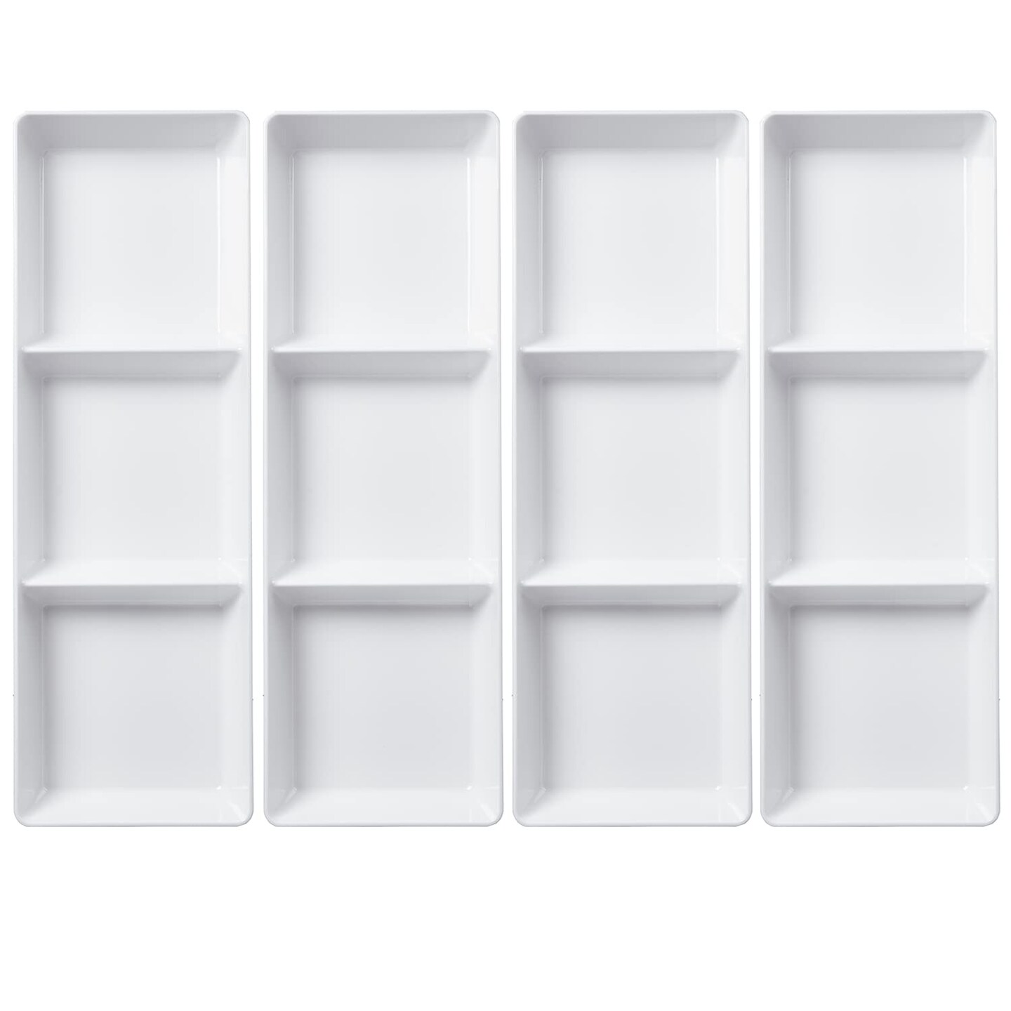 US Acrylic Avant White Plastic Divided Serving Trays (Set of 4) 15&#x201D; x 5&#x201D; | Narrow Reusable 3-Section Party Platters | Serve Appetizers, Fruit, Veggies, &#x26; Desserts | BPA-Free &#x26; Made in USA