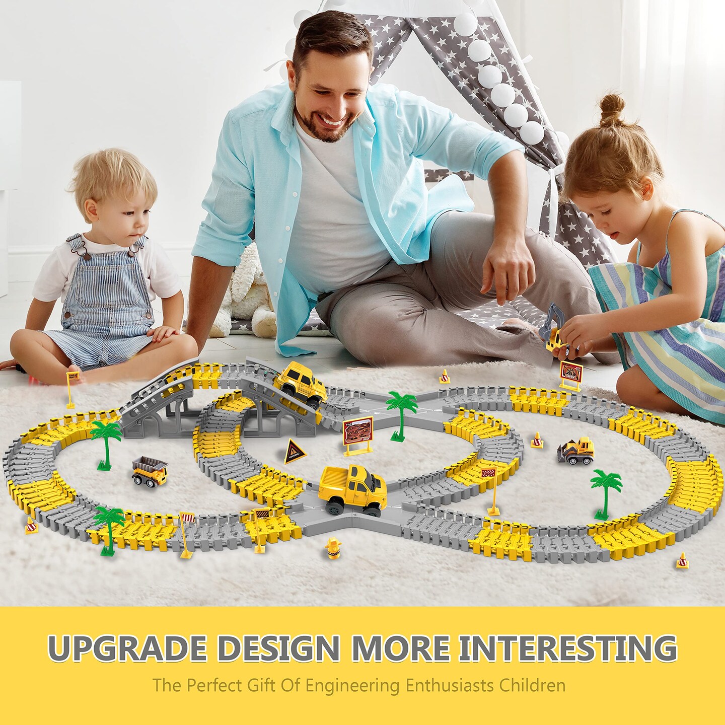Toys 253 Pieces Race Tracks Toy for 3 4 5 6 7 8 Year Old Boys Girls, 5 PCS Truck Car and Flexible Track Play Set Create A Engineering Road Games Toddler Best Gift