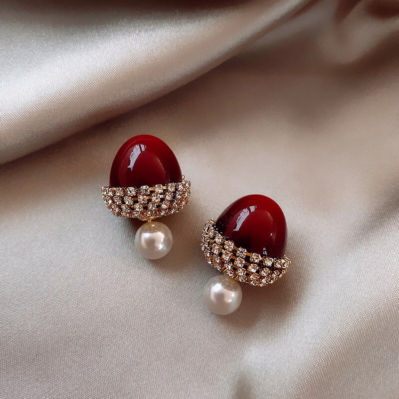 New Style Temperament Red Color Christmas Bow Stud Earrings for Women Rhinestone Bowknot Red Ball Earring Girls Party Jewelry