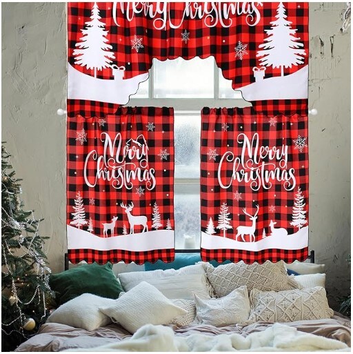 3 Pcs Christmas Kitchen Window Tier Curtains
