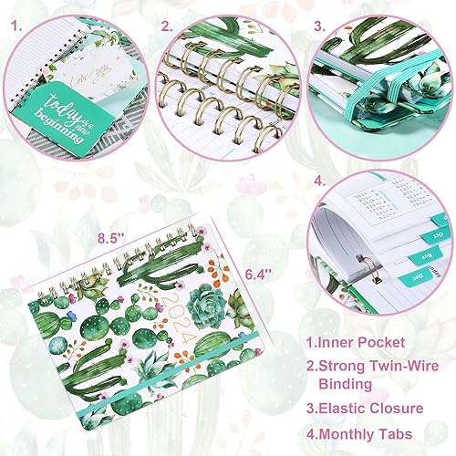 Planner 2024, Weekly and Monthly Planner, Jan 2024 - Dec 2024, 8.5&#x22; x 6.4&#x22;, Planner with Hardcover, Twin - Wire Binding, Monthly Tabs, Inner Pocket, Elastic Closure, Daily Organizer