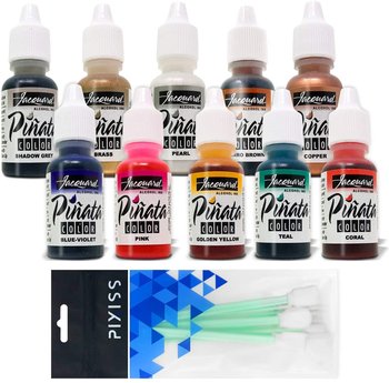 Jacquard Pinata 10 Color Bundle Alcohol Ink New 2019 Colors Golden Yellow, Pink, Coral, Blue Violet, Teal, Copper, Brass, Pearl, Shadow Grey, Burro Brown, with 10X Pixiss Blending Tools