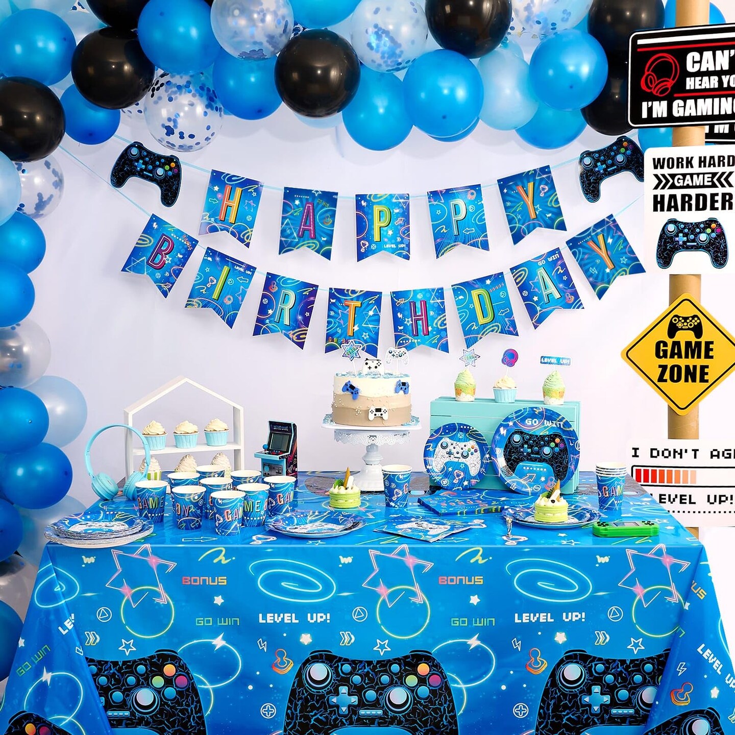 Buy Vamei Gaming Party Decorations Gamer Birthday Decorations For Boys Gaming Happy Birthday Backdrop Tablecloth Video Game Controller Foil Balloon And Black Blue Balloons For Kids Party Supplies