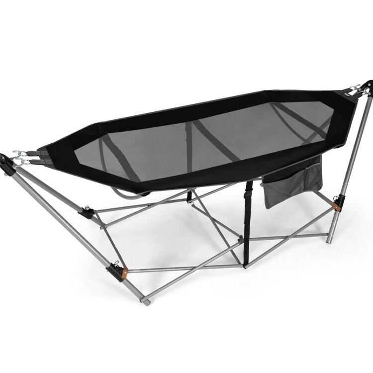 Outdoor Folding Hammock Bed with Breathable Fabric Metal Frame and Side Pocket Storage