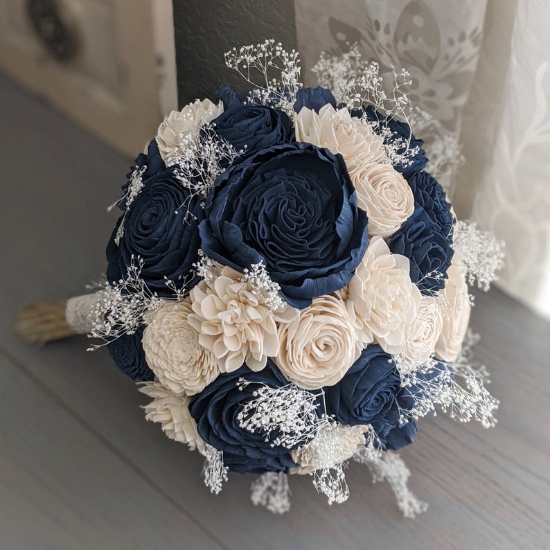 Brides,Bridesmaids Wedding Bouquet Flowers Navy/Ivory or White with. butterflies