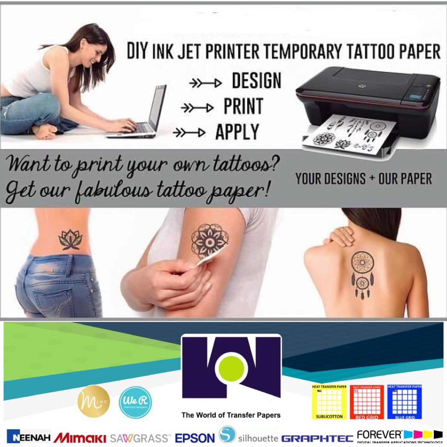 Make Personalized tattoos! 5 Sh Inkjet Tattoo Paper 8.5&#x201D;x11&#x201D; Skin Customize