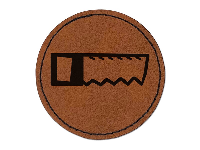 Saw Doodle Tool Construction Building Round Iron-On Engraved Faux Leather Patch Applique - 2.5&#x22;