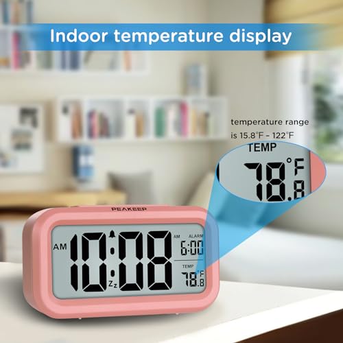 Peakeep Night Light Digital Alarm Clock with Indoor Temperature, Battery Operated Desk Small Clock (Light Salmon Pink)