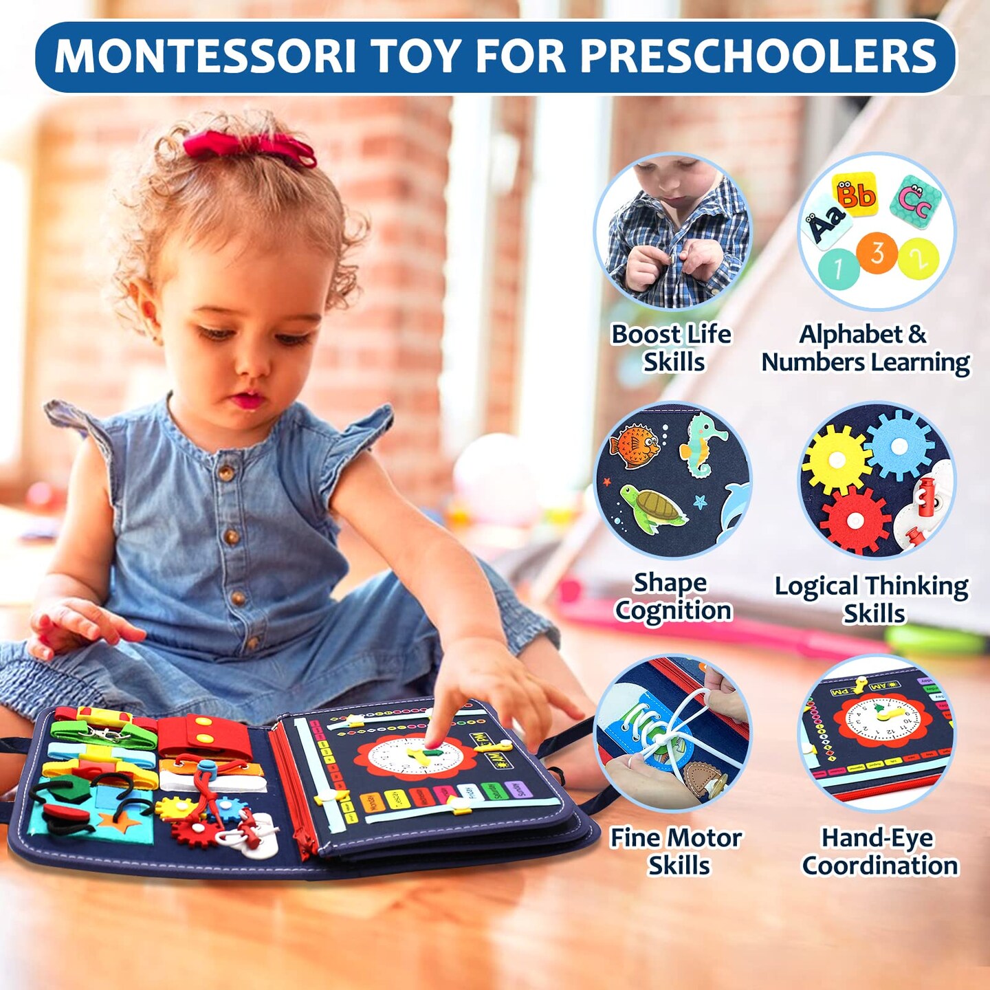 Busy Board Montessori Toy for 1 2 3 4 Years Old, Educational Activity Sensory Board Preschool Learning Fine Motor Skills Toys, Toddler Travel Toy for Plane Car, Gift for Boys Girls (Blue/P4)