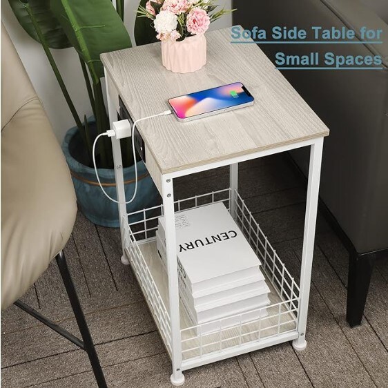 White Nightstand Bedroom End Table with Charging Station Sturdy Bed Side Table for Living Room, Narrow Bedside Night Stands with Storage and USB Ports for Small Spaces Sofa Couch
